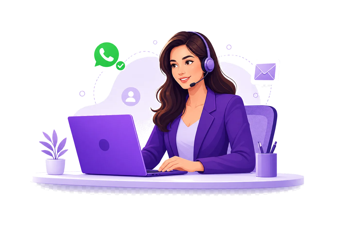 Illustration of a nexoHRa operations specialist with headset at a purple desk, ready to respond on WhatsApp and email