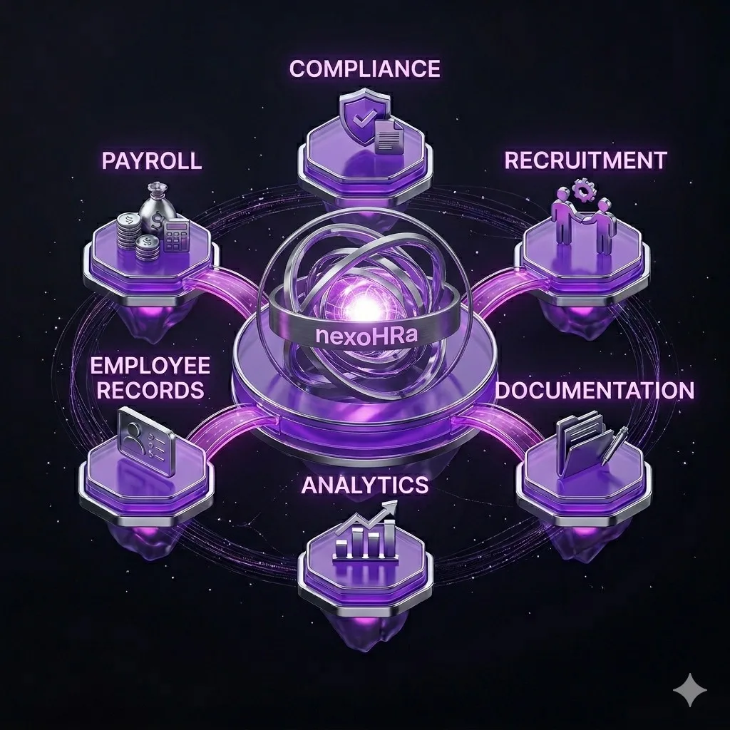 nexoHRa HR service platform with connected payroll, compliance, recruitment, employee records, documentation, and analytics modules